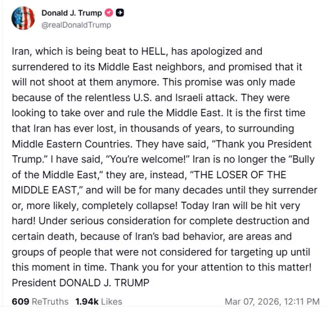 Mensaje de Donald Trump de este sábado en su red social Truth Social.