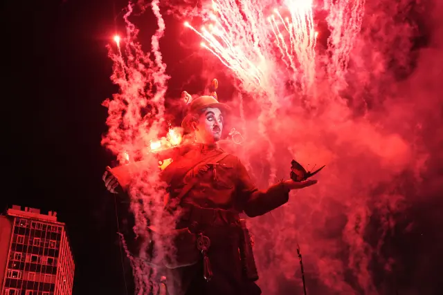 A cardboard sculpture, known as "ninots," is burned during the Fallas festival in Valencia, Spain, Thursday, March 19, 2026. (AP Photo/Alberto Saiz)