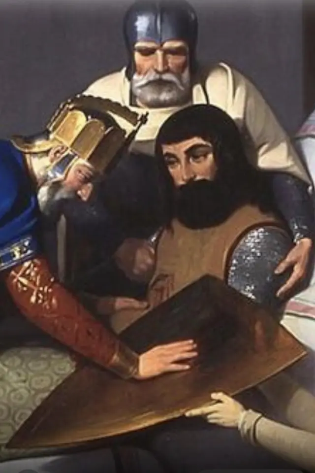 Fragmento de la muerte en batalla de Wilfredo I el Velloso en 897. Con la sangre del conde en sus dedos, Carlos el Calvo pinta en su escudo cuatro barras rojas.