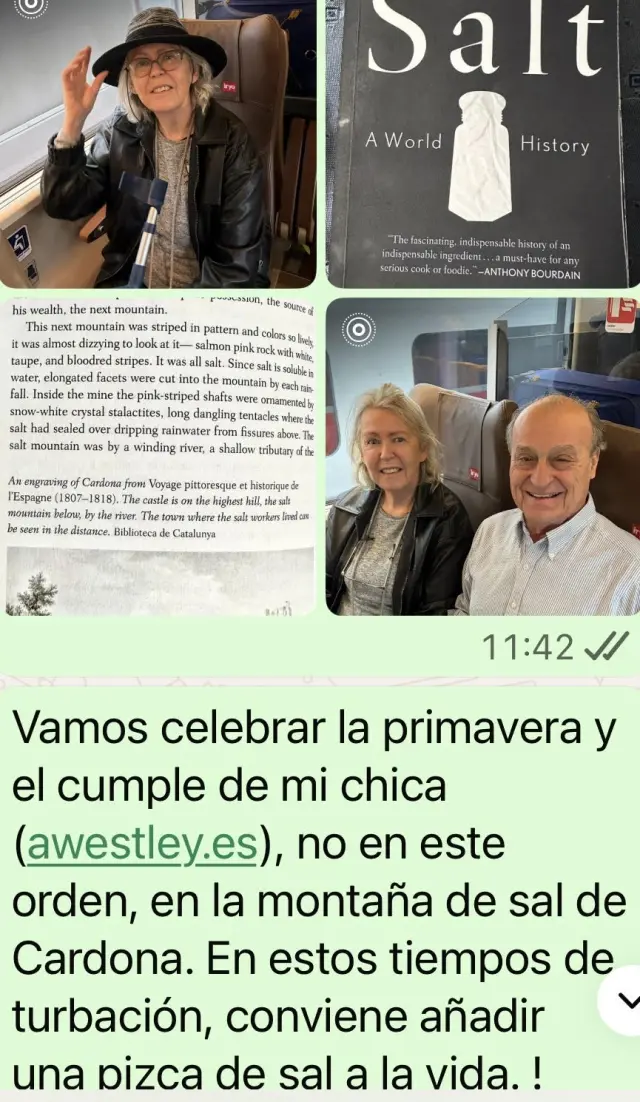 En el tren camino de Carmona repasamos "Salt", el libro que Ana leyó en el hospital donde comió varias semanas sin probar la sal por orden de los cardiólogos. En Carmona recuperó el rico sabor de la sal. Vieje de cimplañso feliz.