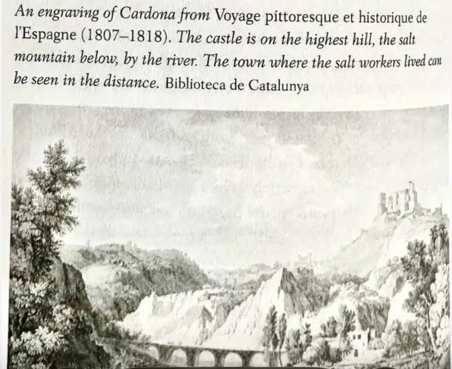 Página del libro "Salt" con un grabado de la mina de sal y el castillo de Cardona