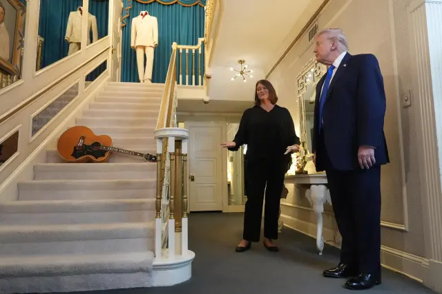 President Donald Trump tours Graceland, Elvis Presley's historic estate, Monday, March 23, 2026, in Memphis, Tenn. (AP Photo/Mark Schiefelbein)