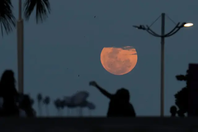 The full moon rises over Panama City, Wednesday, April 1, 2026. (AP Photo/Matias Delacroix)