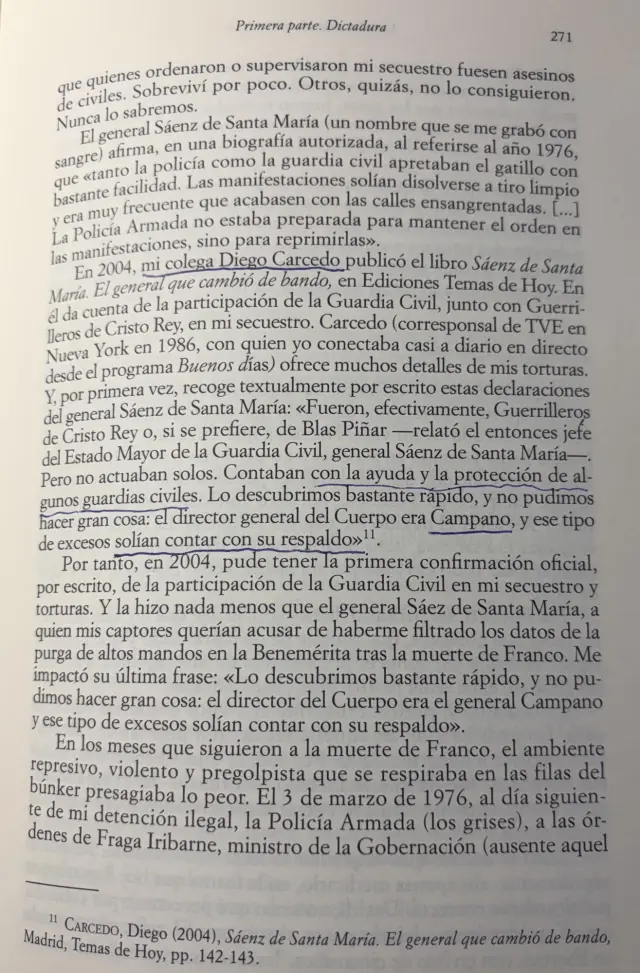 Página 271 de mis memorias ("La prensa libre no fie un regalo") sobre mi secuestro en la biografía autorizada que Carcedo escribió del general Sáenz Santa María a quien el general Campano no consiguió purgar.