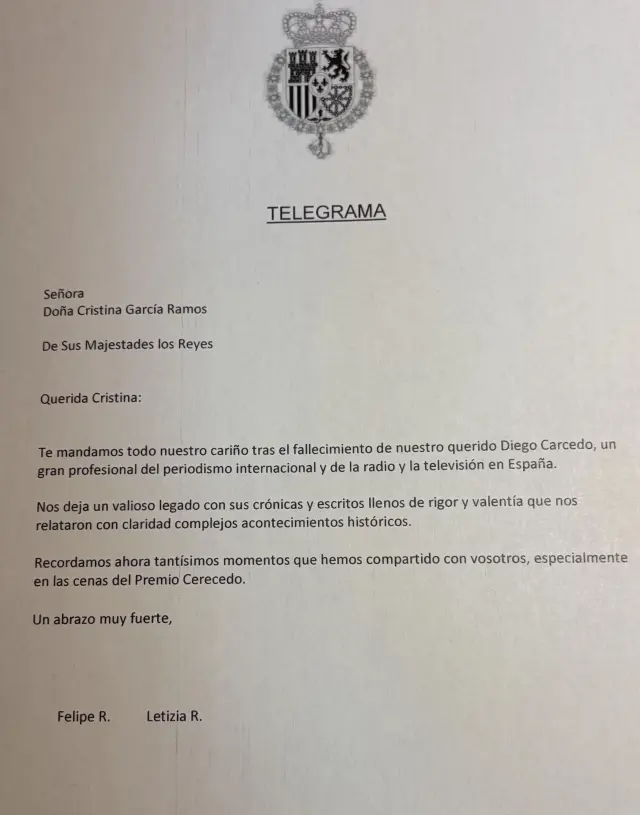 Carta de pésame del Rey y la Reina a Carmen García Ramos, viuda de Diego Carcedo. .