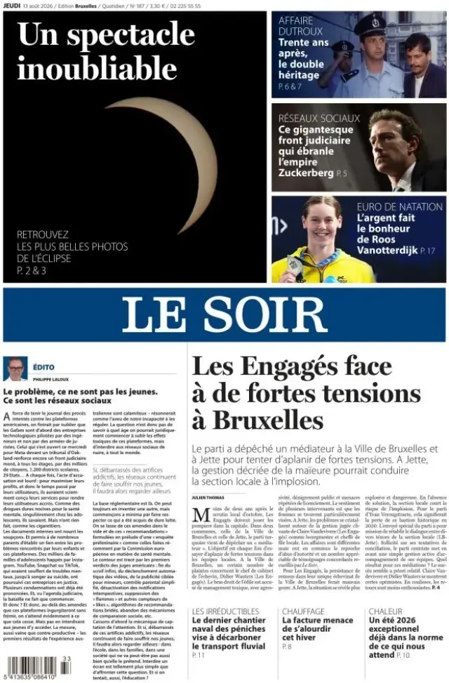El eclipse también es la foto de portada del rotativo belga.