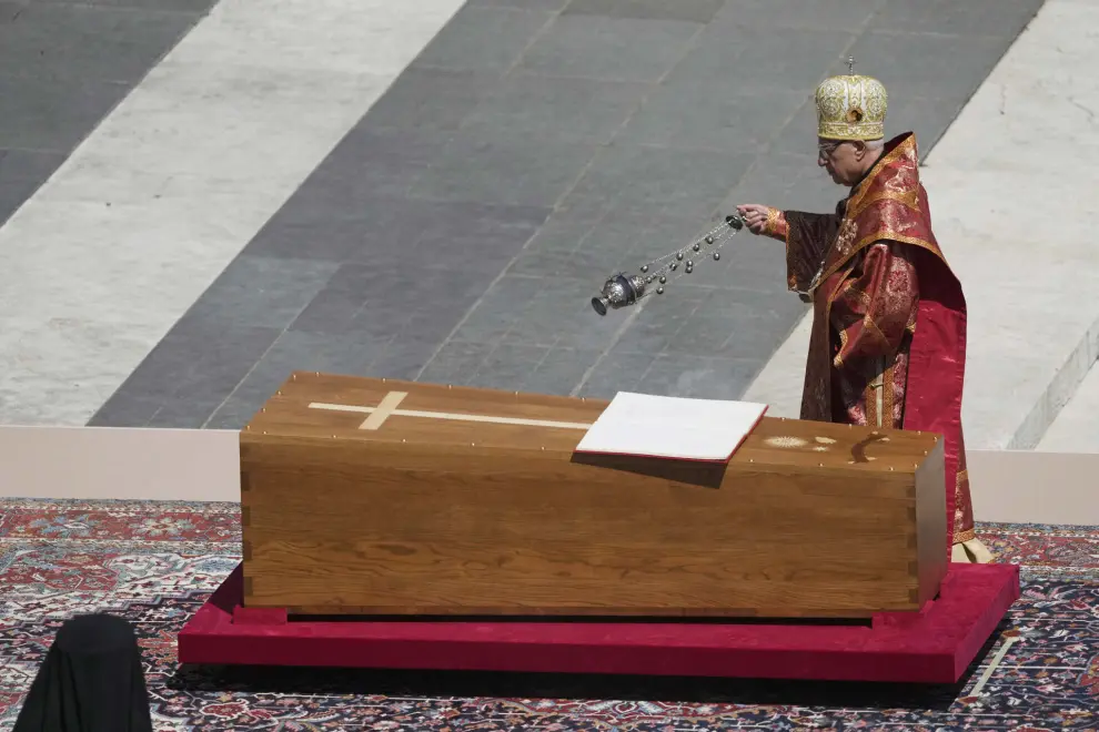 Incense is waved over the coffin during the funeral of Pope Francis in St. Peter's Square at the Vatican, Saturday, April 26, 2025. (AP Photo/Markus Schreiber)
