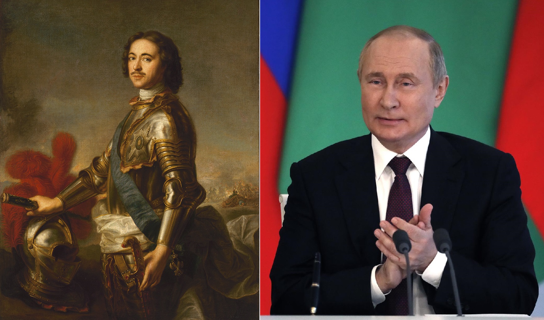 Imágenes del zar ruso Pedro el Grande, en un retrato realizado por Jean-Marc Nattier, y el presidente de Rusia, Vladímir Putin.