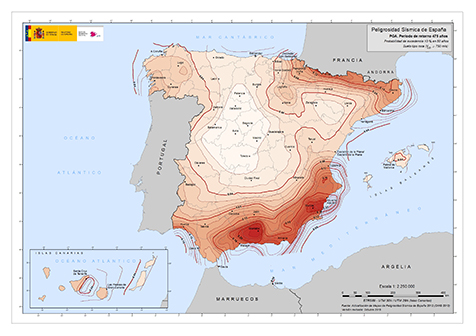 Mapa de peligrosidad sísmica de España.
