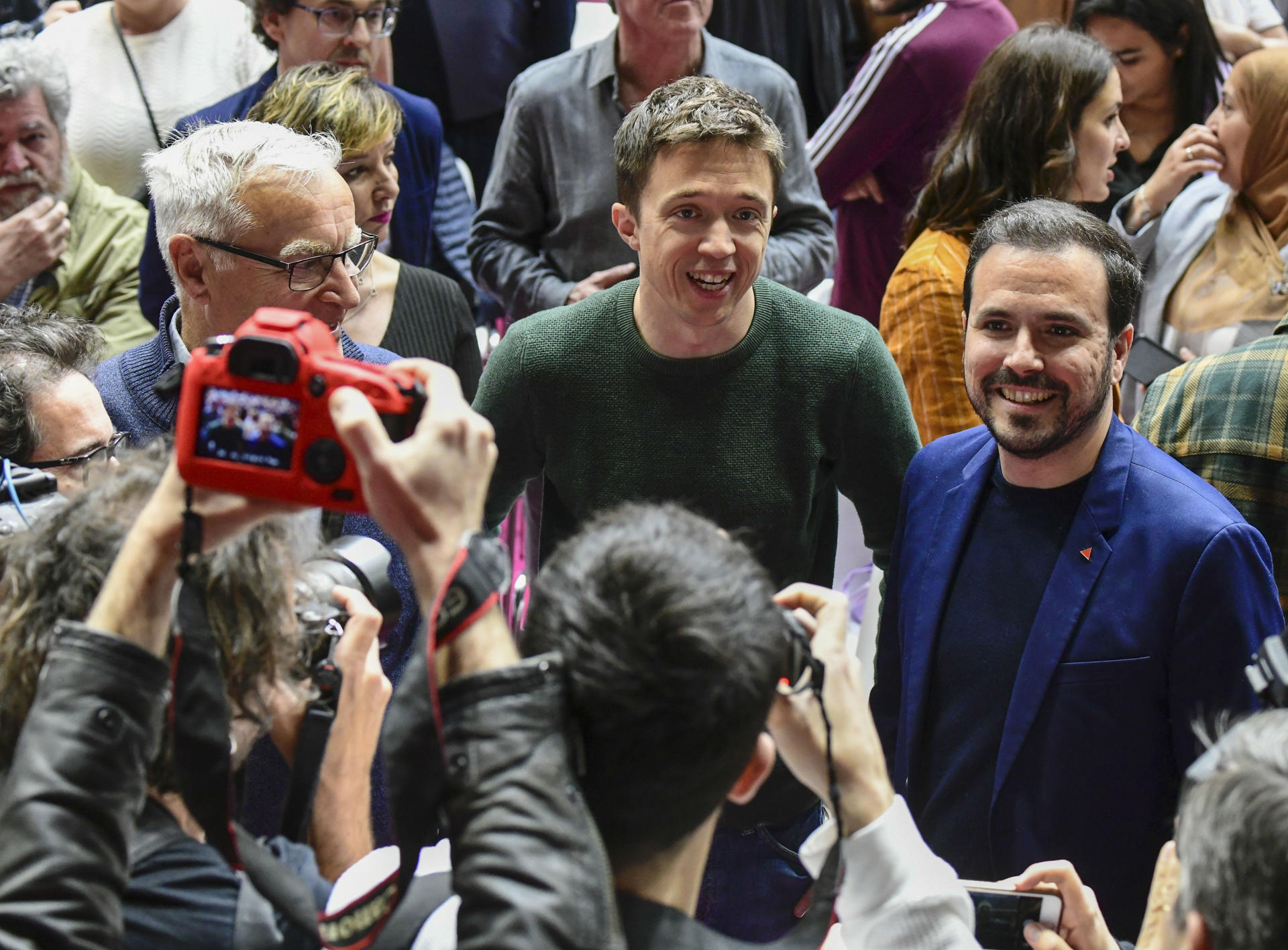 El alcalde de Valencia, Joan Ribó, y los líderes de Más País e IU, Íñigo Errejón y Alberto Garzón.