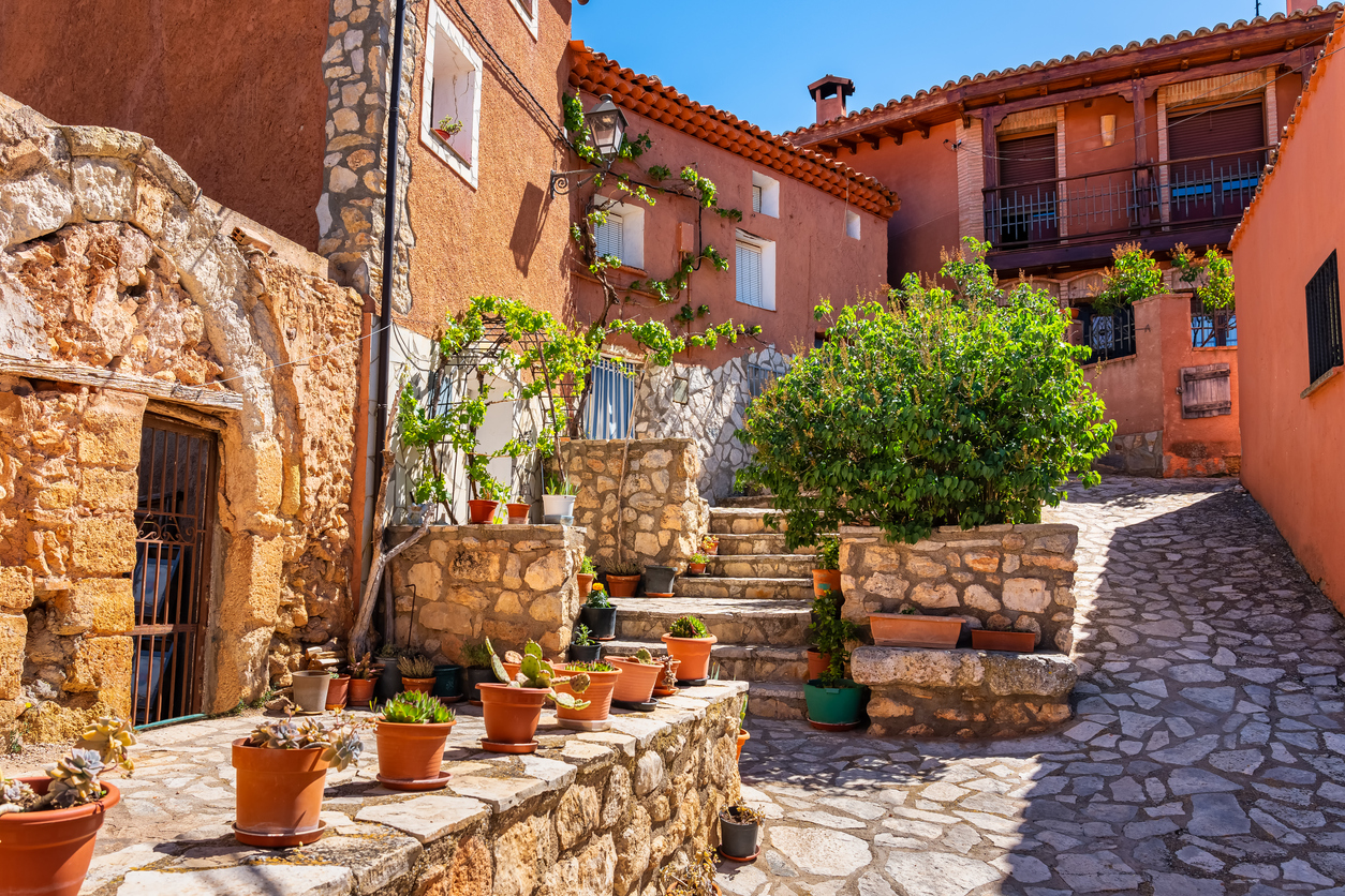 Picturesque street with old houses in one of the most beautiful villages of Zaragoza, called Anento