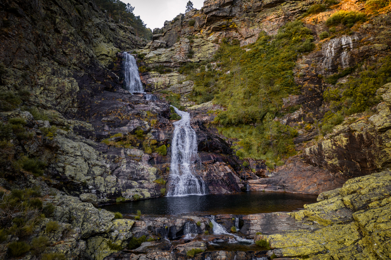 Fisgas de ermelo waterfall drone aerial view in Portugal in Mondim de Basto, Vila Real District, Portugal