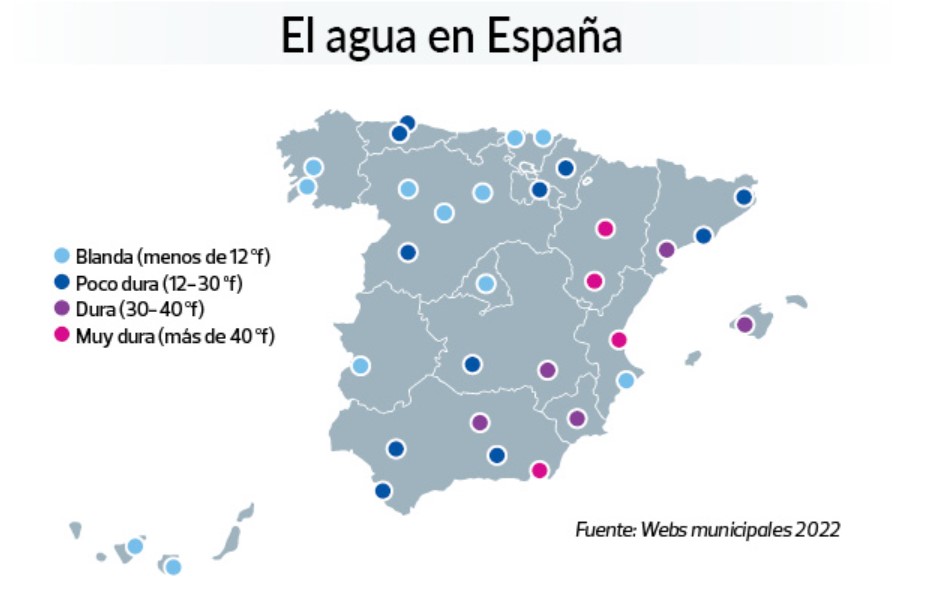Mapa de las ciudades españolas y su calidad de agua del grifo.