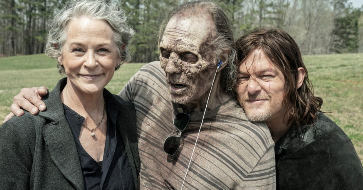 Melissa McBride (Carol) and Norman Reedus (Daryl) with one of the Zombies of the Universe 'The Walking Dead'
