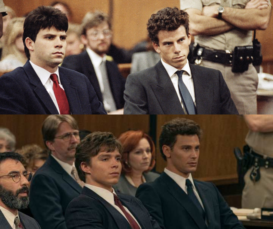 Arriba, los hermanos Lyle y Erik Menéndez, abajo, la serie 'Monstruos: La historia de Lyle y Erik Menéndez'