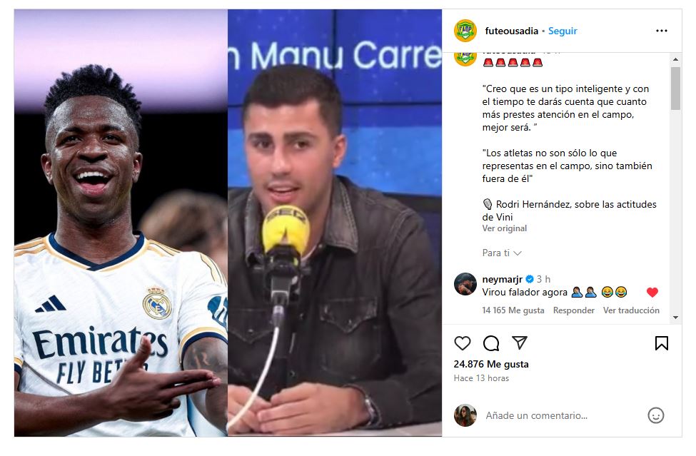 El comentario de Neymar a una publicación sobre las declaraciones de Rodri Hernández.