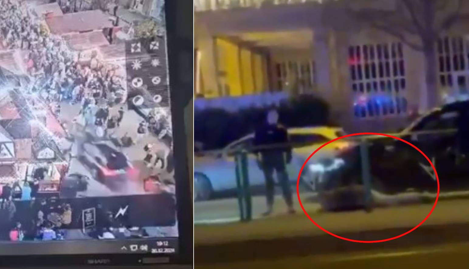 A la izquierda, momento en el que el BMW negro embiste contra una multitud en el mercadillo navideño de Magdeburgo; a la derecha, detención del sospechoso.