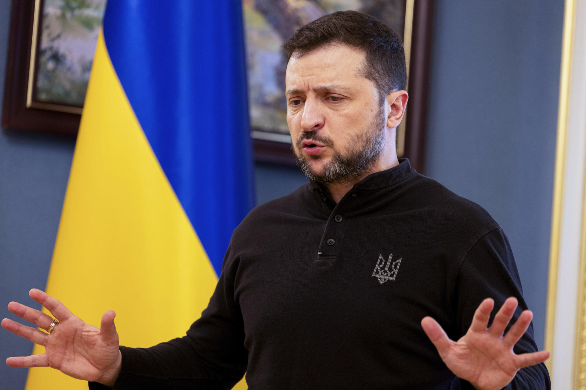 Ukraine\'s President Volodymyr Zelensky gives a press conference in Kyiv, Wednesday, Feb. 19, 2025. (Tetiana Dzhafarova/Pool Photo via AP)