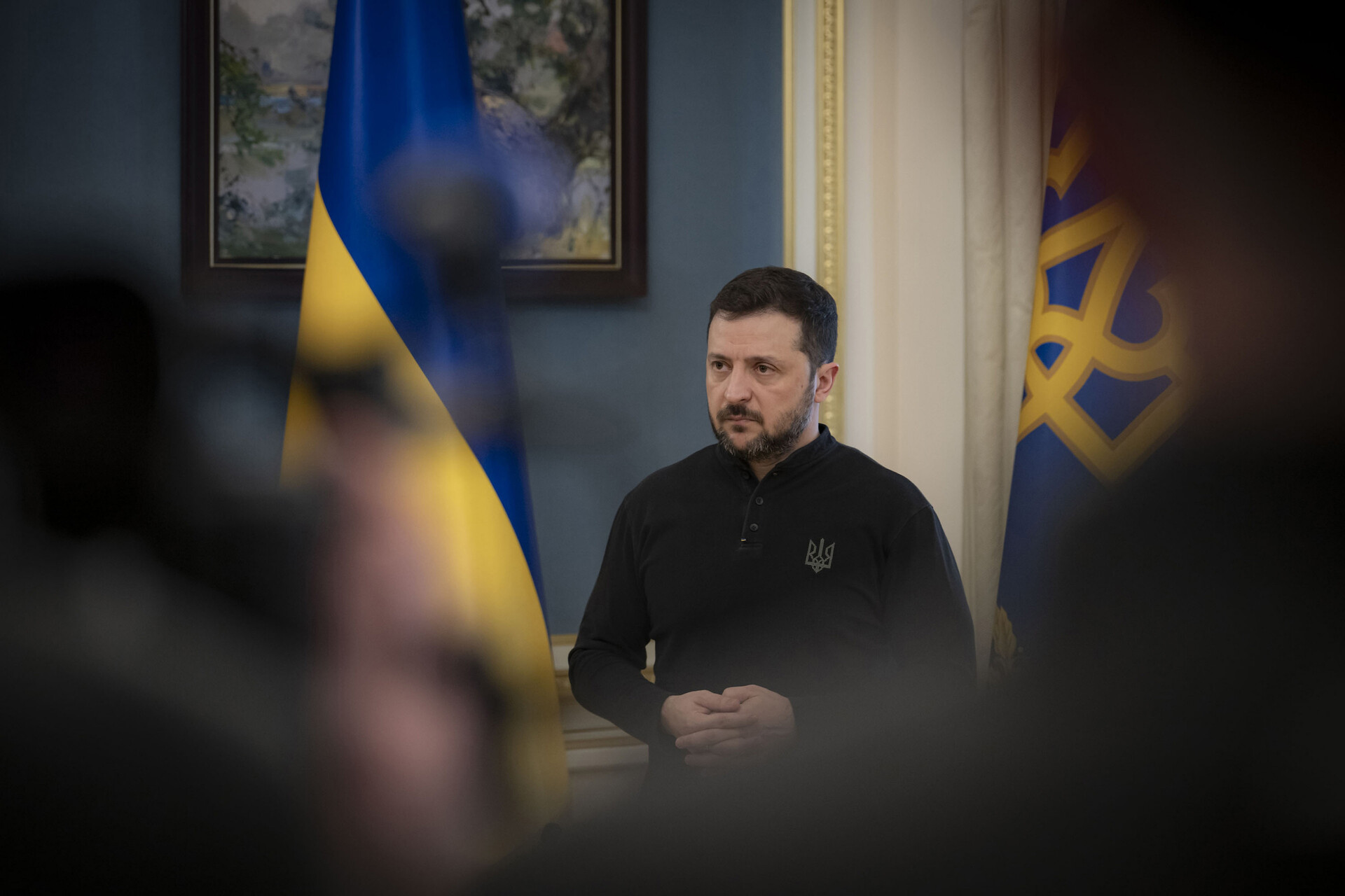 19/02/2025 February 19, 2025, Kiev, Kyiv Oblast, Ukraine: Ukrainian President VOLODYMYR ZELENSKYY listens to a question during a press briefing on the change in U.S position supporting Ukraine against the Russian invasion, at the Mariinskyi Palace. POLITICA Europa Press/Contacto/Ukrainian Presidential Offic