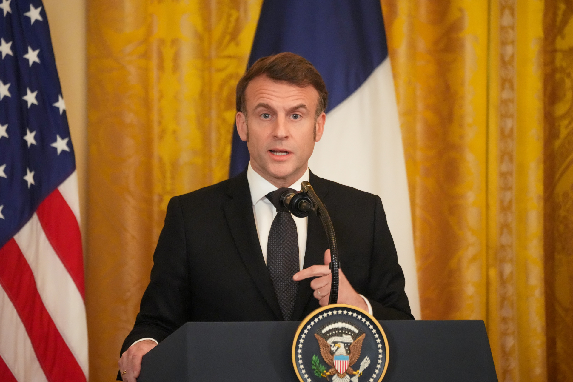 February 24, 2025, Washington, District of Columbia, USA: President DONALD TRUMP and French President Emmanuel Macron held a press conference in the East Room of the White House following a bilateral meeting on February 24, 2025. (Credit Image: © Andrew Leyden/ZUMA Press Wire)