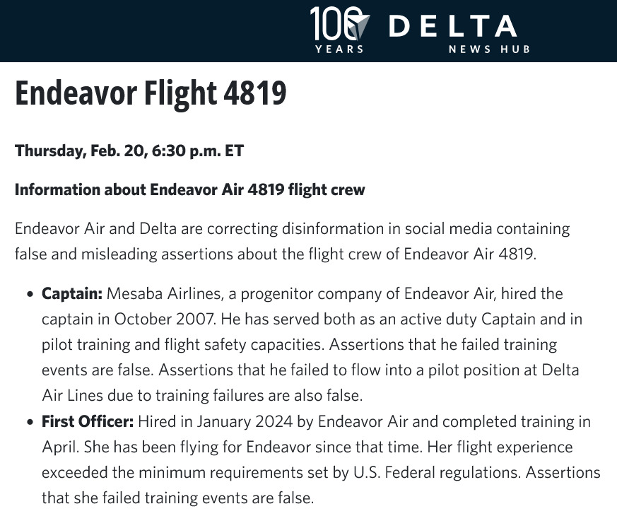 Captura de pantalla del comunicado emitido por la línea aérea Delta.
