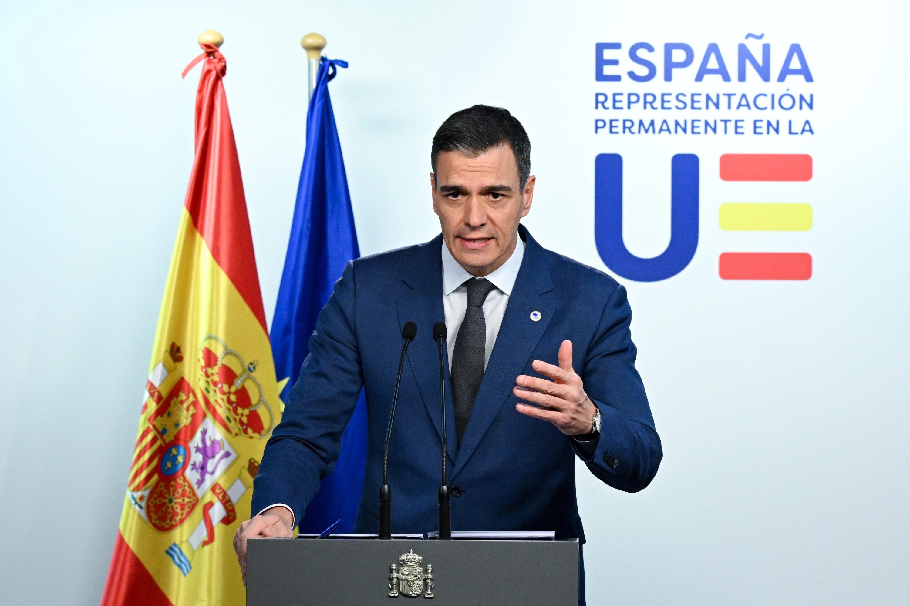 Sánchez, en rueda de prensa en Bruselas.