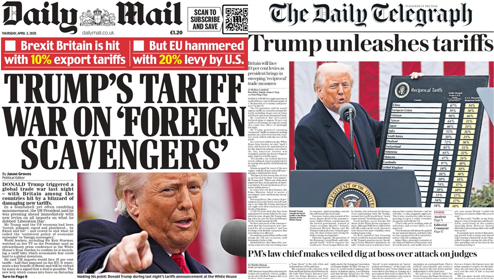 Dos portadas que muestran el impacto de los aranceles de Trump en el Reino Unido.