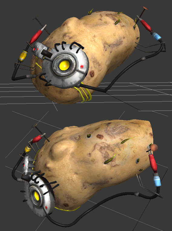 Modelo de batata 3D, dispositivo branco amarrado a óculos de batata