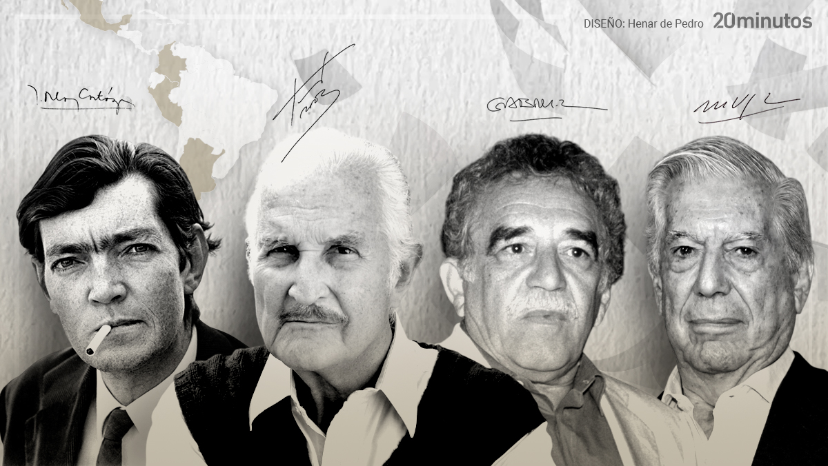De izda. a drcha. Cortázar, Carlos Fuentes, García Márquez y Vargas Llosa.