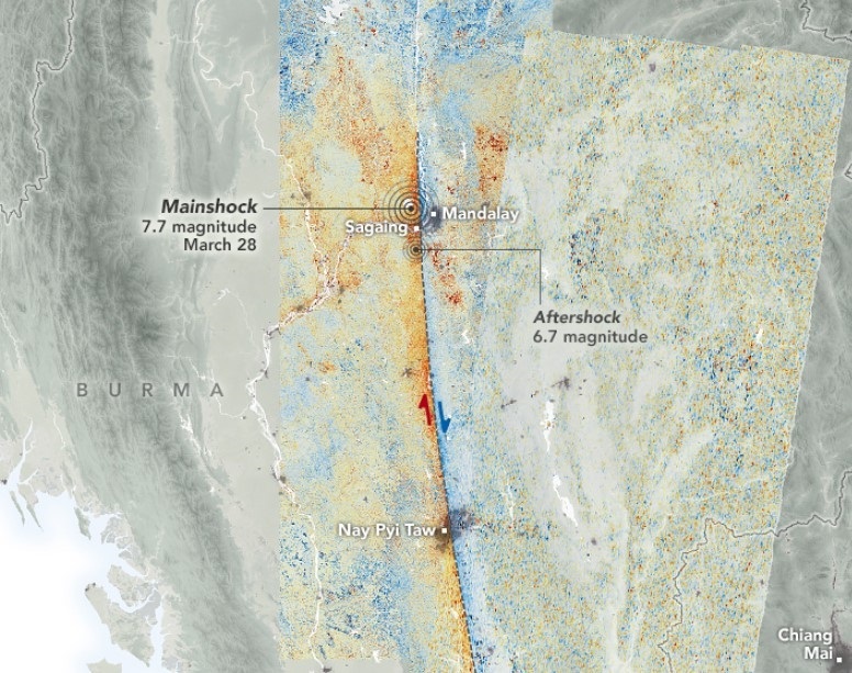 Desplazamientos de terreno norte-sur tras los terremotos de Birmania del 28 de marzo. REMITIDA / HANDOUT por NASA EARTH OBSERVATORY Fotografía remitida a medios de comunicación exclusivamente para ilustrar la noticia a la que hace referencia la imagen, y citando la procedencia de la imagen en la firma 15/4/2025