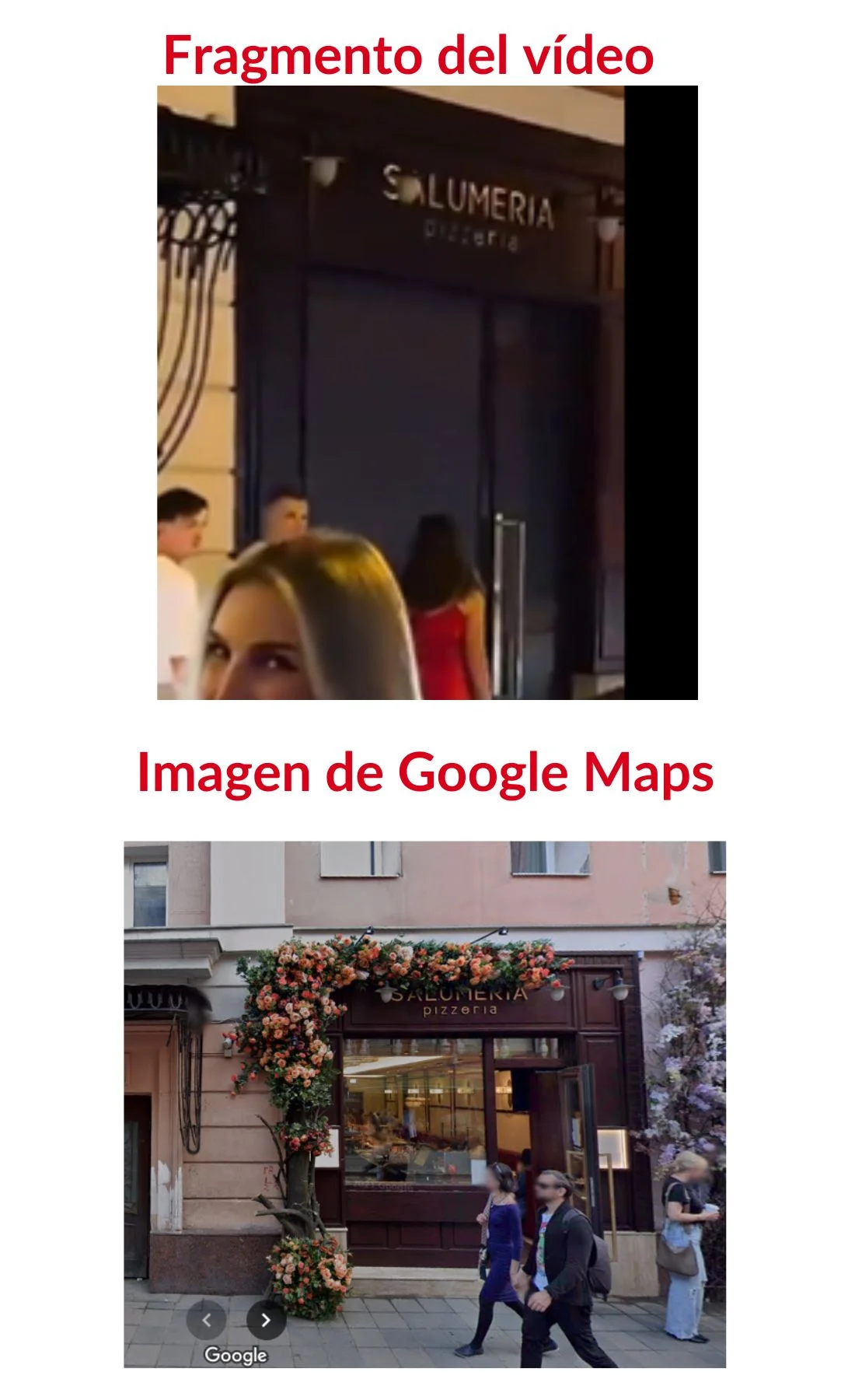Imagen comparativa del fragmento del vídeo donde aparece Salumeria pizzería y la imagen de Google Maps.