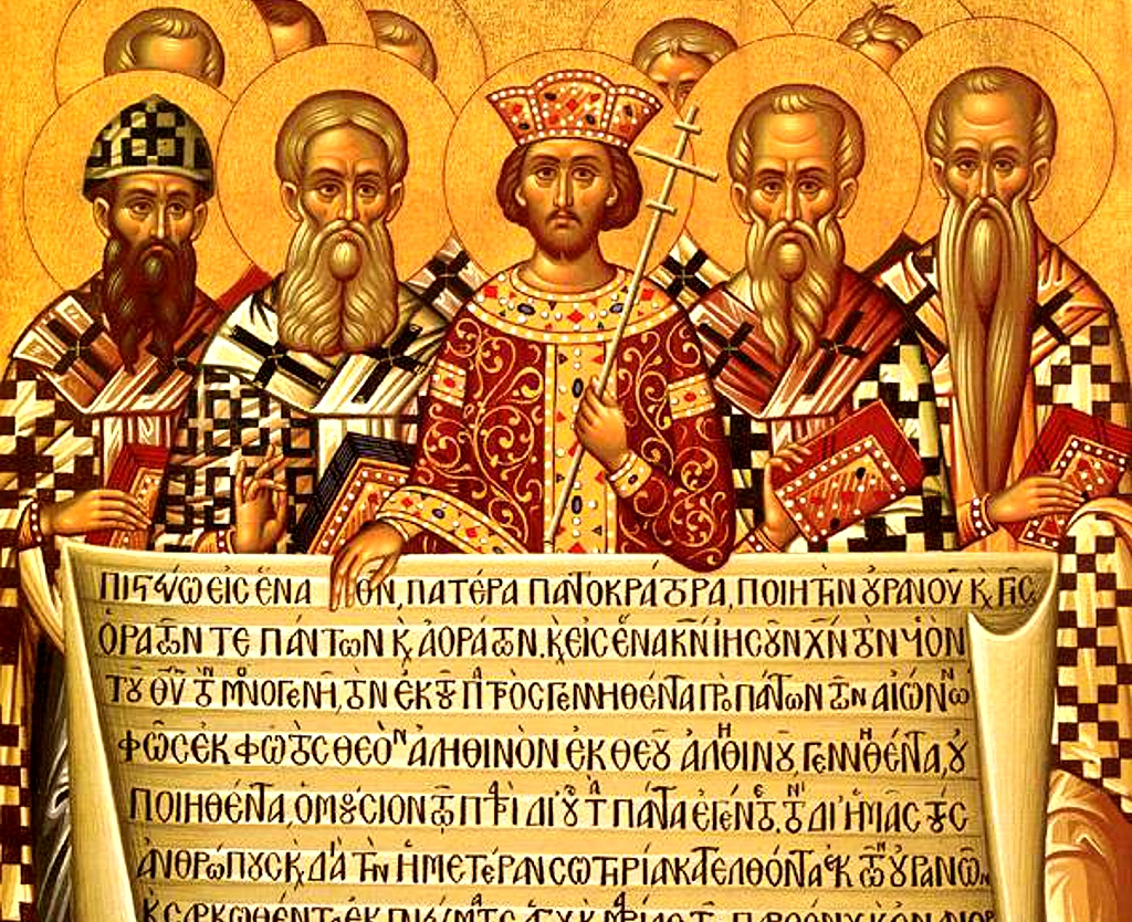 Icono que representa el primer Concilio de Nicea con diez hombres y un texto del Credo de Nicea en griego.