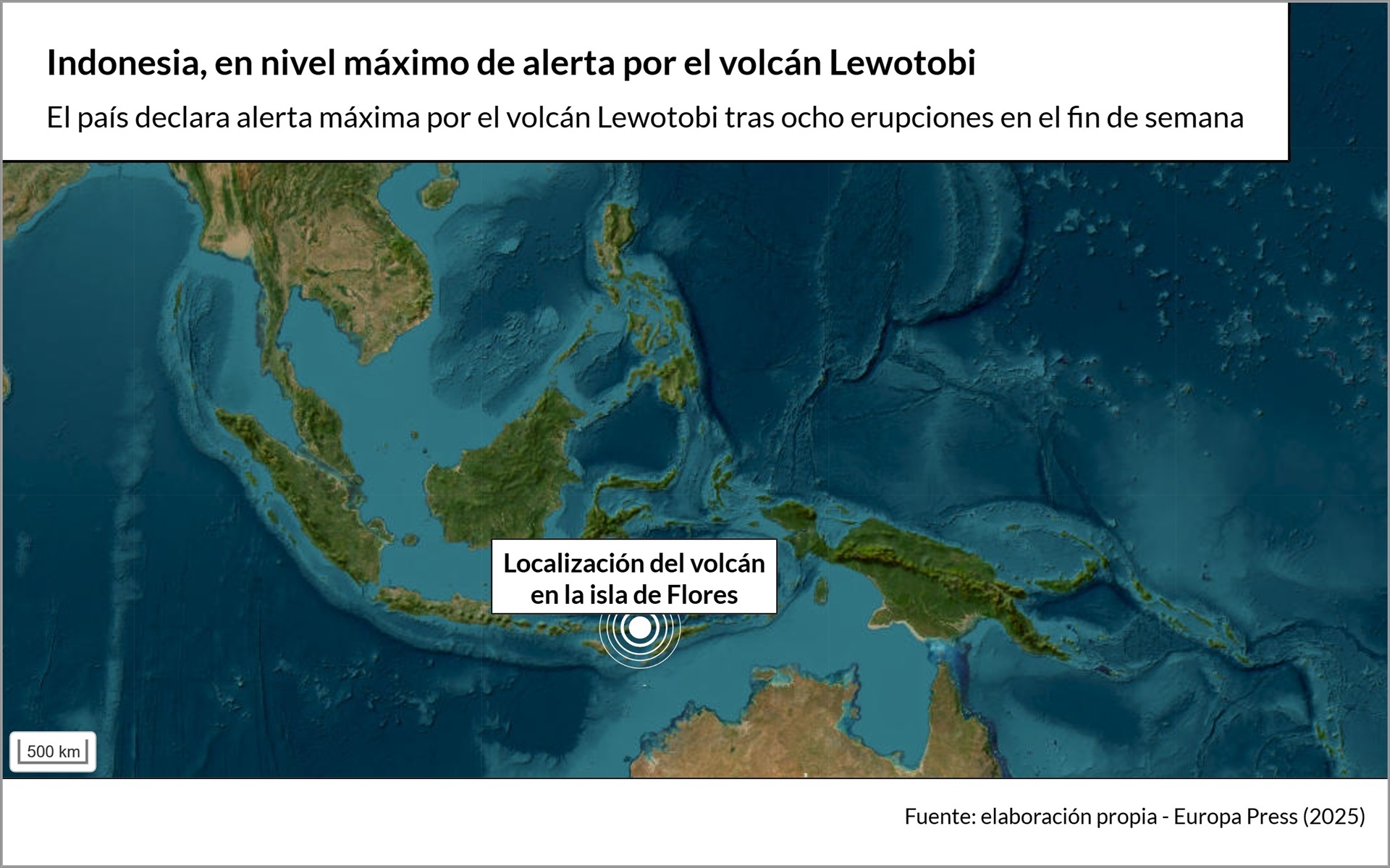 Mapa con localización del volcán Lewotobi en Indonesia.