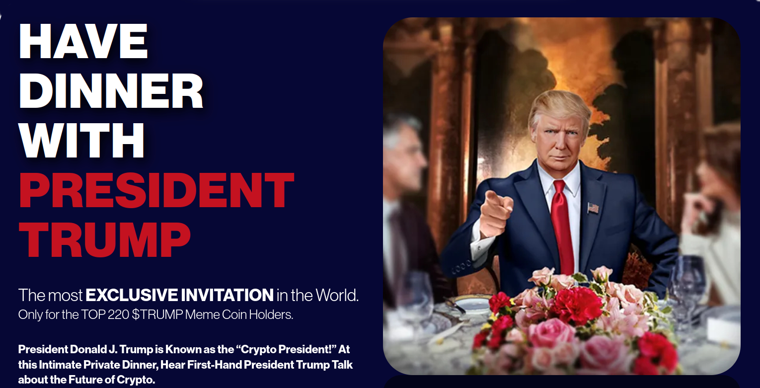 Cena con Trump en la web oficial de la criptomoneda del presidente de EEUU.
