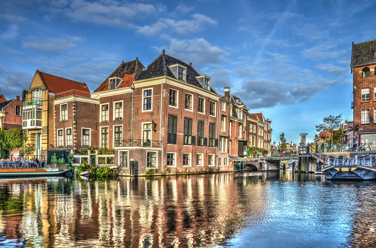 Leiden, The Netherlands,September 28, 2015: The location in the old city where the Old and New Rhine meet and continue as Silent Rhine