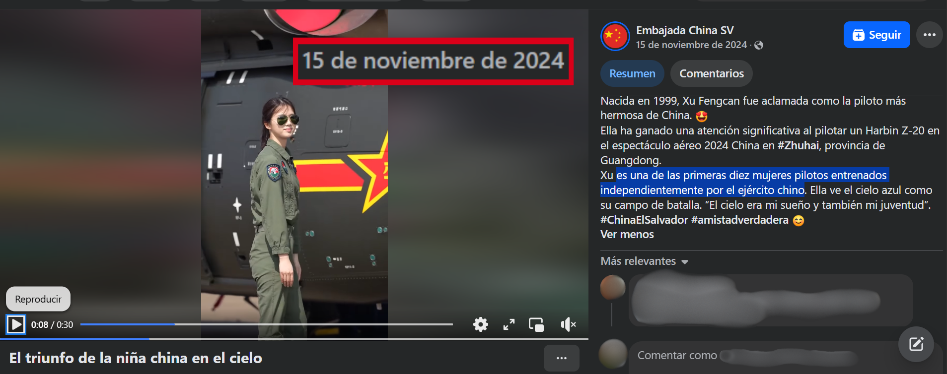 Publicación de la Embajada de China en El Salvador en noviembre de 2024.
