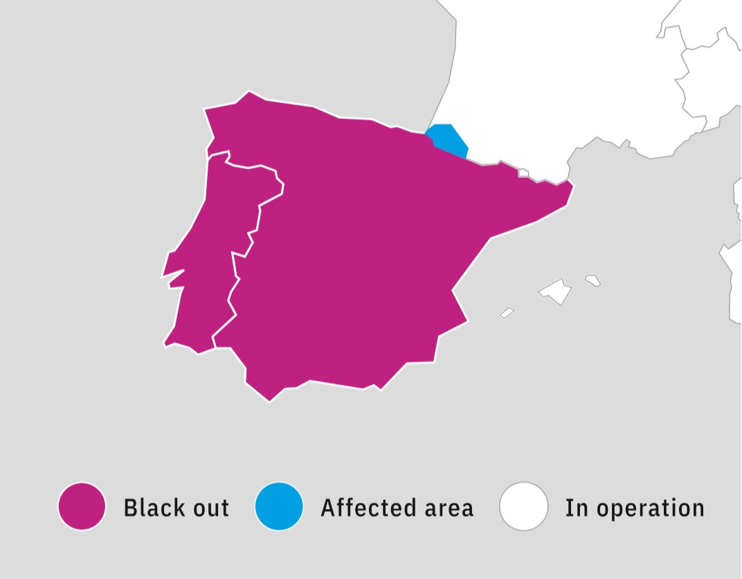 Mapa de las zonas afectadas por el apagón.