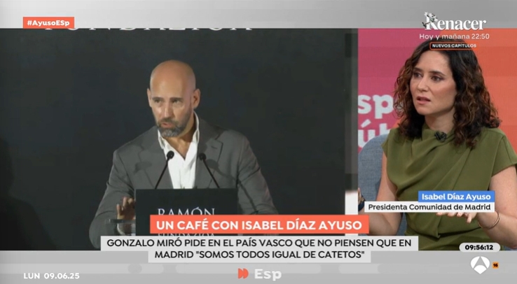 Isabel Díaz Ayuso responde a Gonzalo Miró en 'Espejo Público'.
