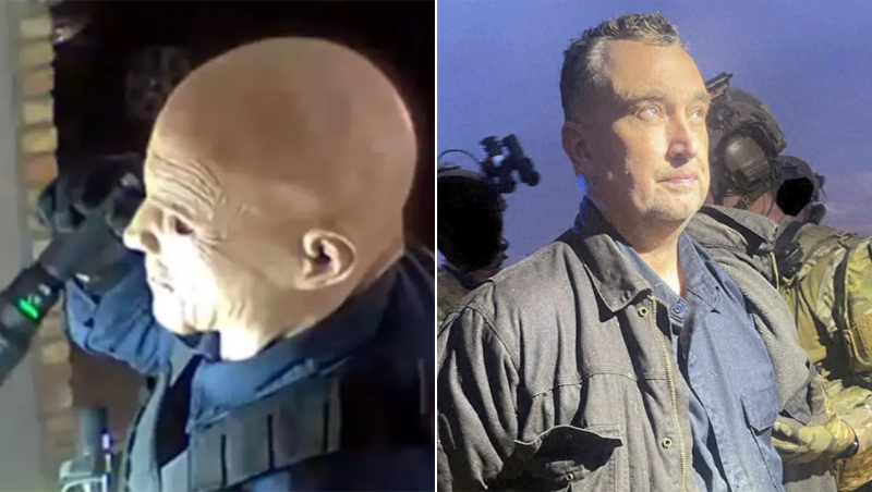 Imagen del hombre de la máscara siniestra y en el momento de ser detenido.