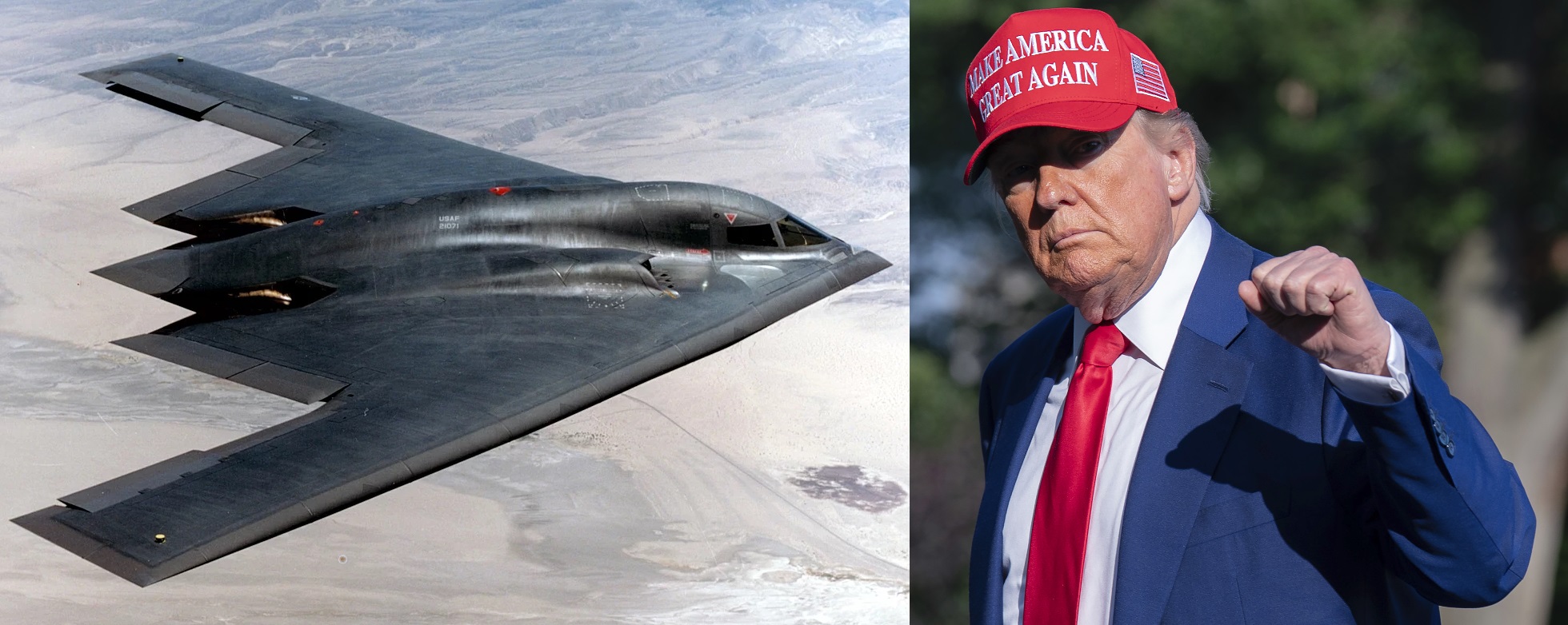 Combo de imágenes de un avión B-2 y Donald Trump.