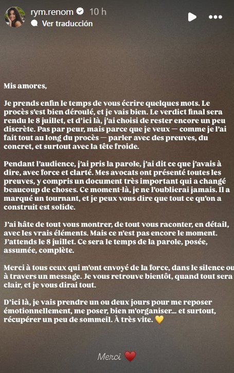 Comunicado de Rym Renom tras el juicio.