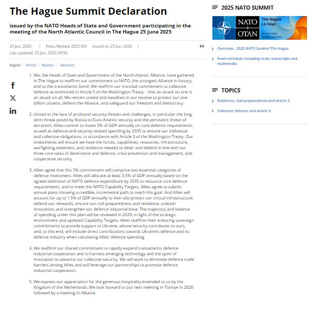 Declaración oficial firmada de la OTAN en la cumbre de La Haya