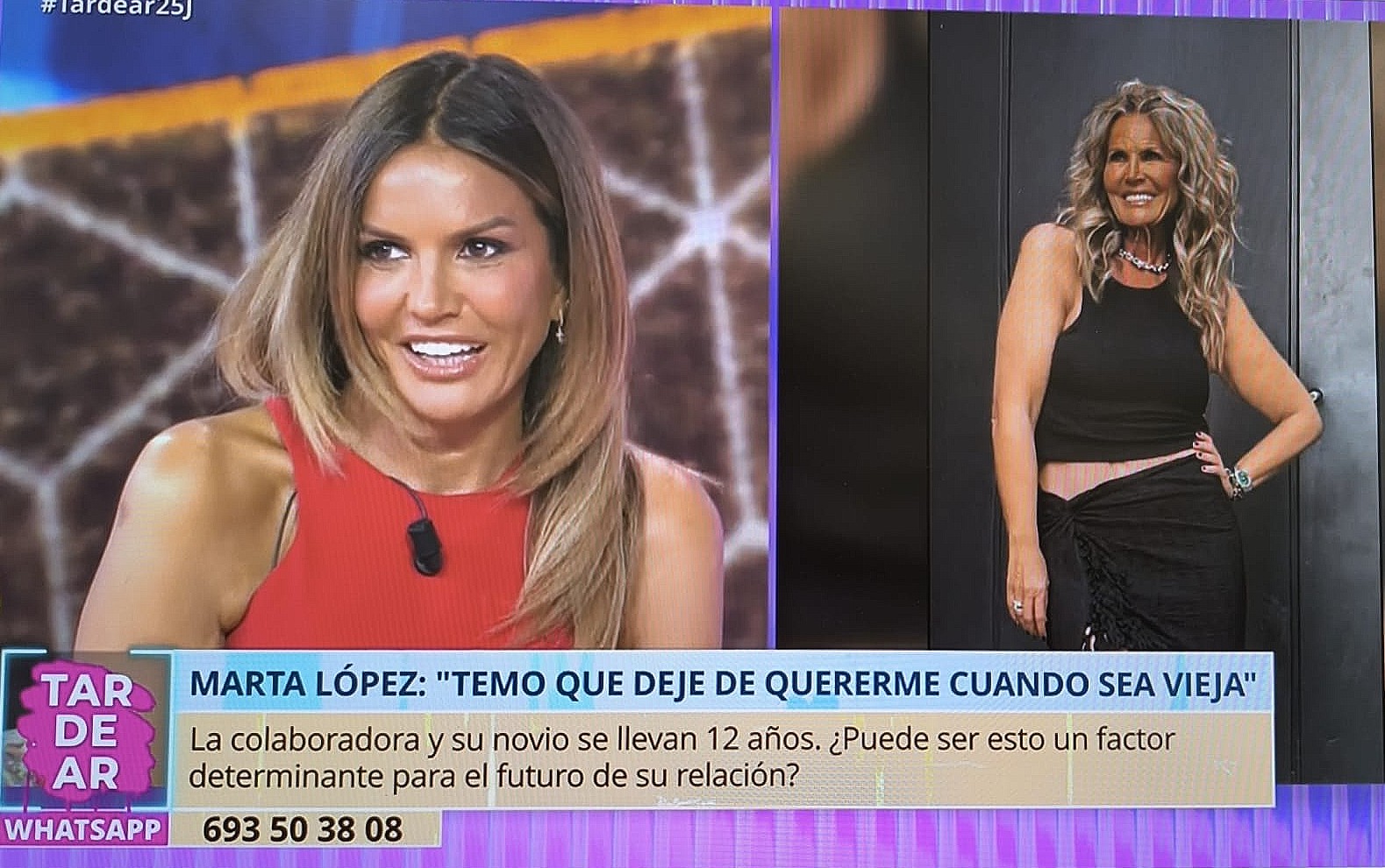 Marta Lopez, y una versión envejecida generada por IA, en 'TardeAr'.