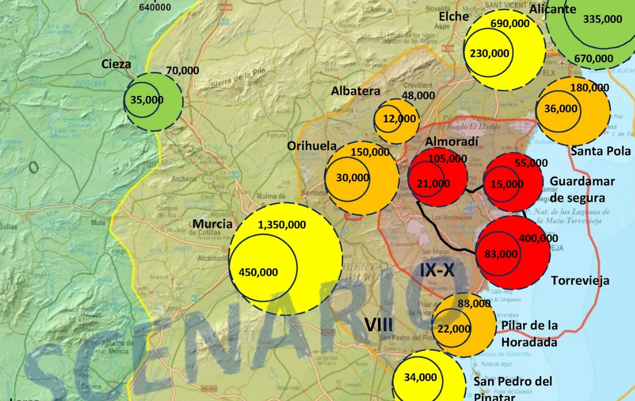 Mapa que muestra la exposición actual a terremotos. En él se ven las principales localidades afectadas por el seísmo de Torrevieja de 1829 y su población actual durante la temporada turística y no turística.