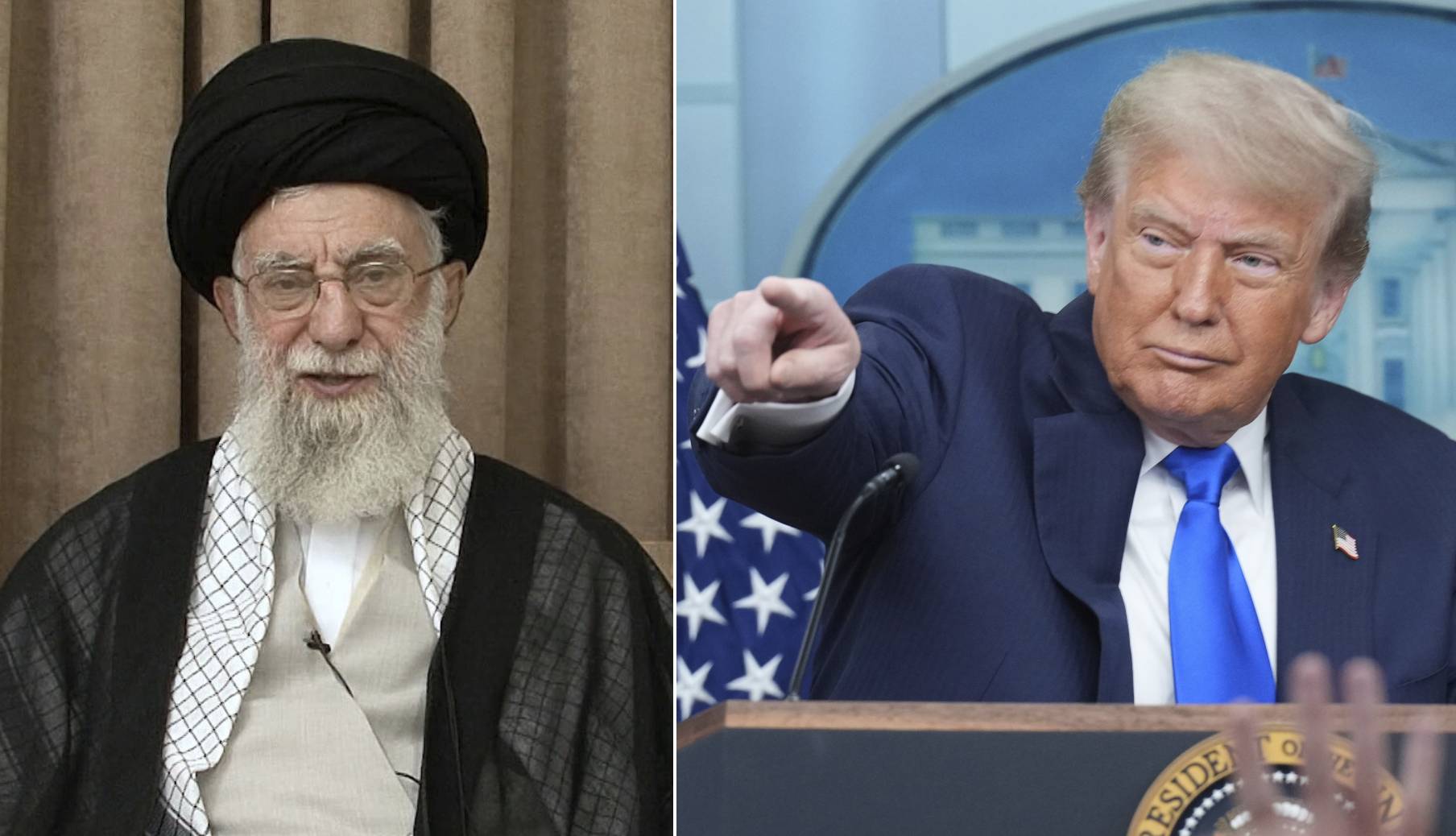 El líder supremo de Irán, el ayatolá Alí Jamenei, durante un discurso televisado, y el presidente de EE UU, Donald Trump, en una rueda de prensa en la Casa Blanca.
