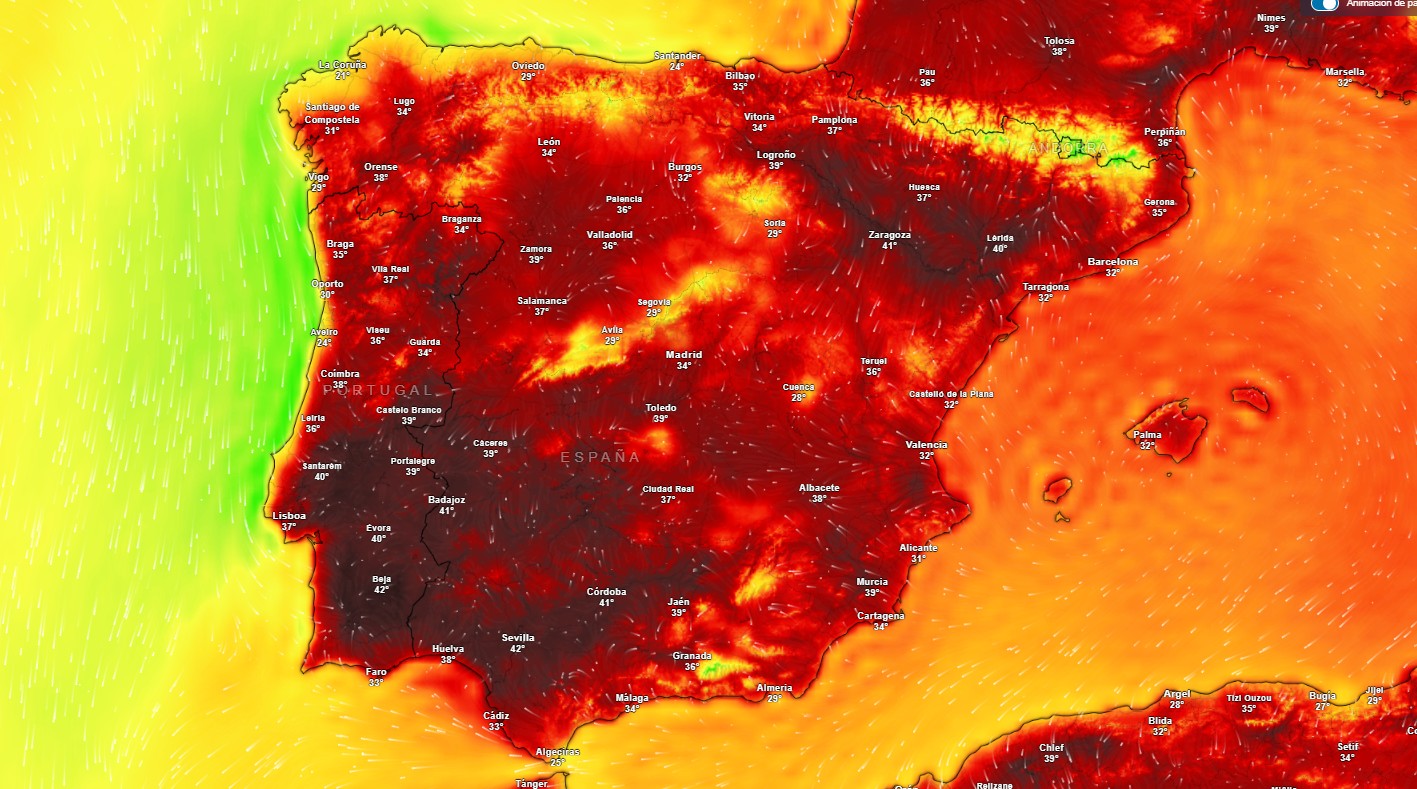 Mapa de previsión de temperaturas para este lunes, 30 de junio, en el tercer día de la ola de calor.