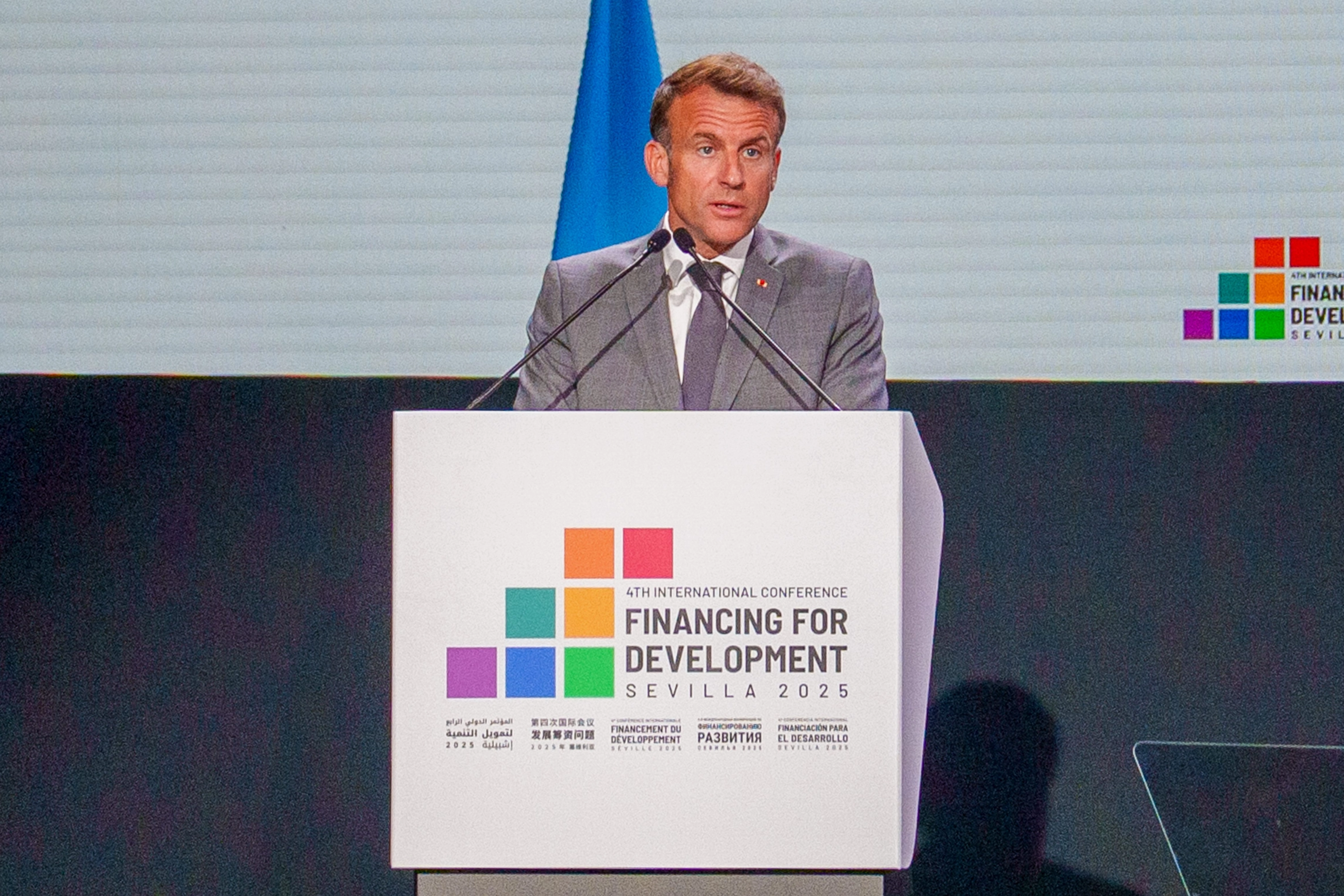 El presidente de la República Francesa, Emmanuel Macron, durante su intervención. A 30 de junio de 2026 en Sevilla, Andalucía (España). El presidente de la República Francesa, Emmanuel Macron, participa con una intervención destacada en el marco de la IV Conferencia Internacional sobre la Financiación para el Desarrollo de Naciones Unidas, abordando los desafíos globales en materia económica y de cooperación internacional. 30 JUNIO 2025 Francisco J. Olmo / Europa Press 30/06/2025