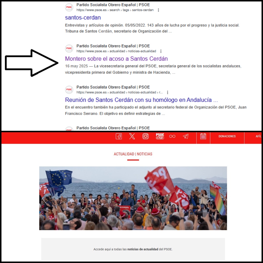 Resultados de búsqueda sobre Cerdán y PSOE y lo que muestra la web al intentar acceder.