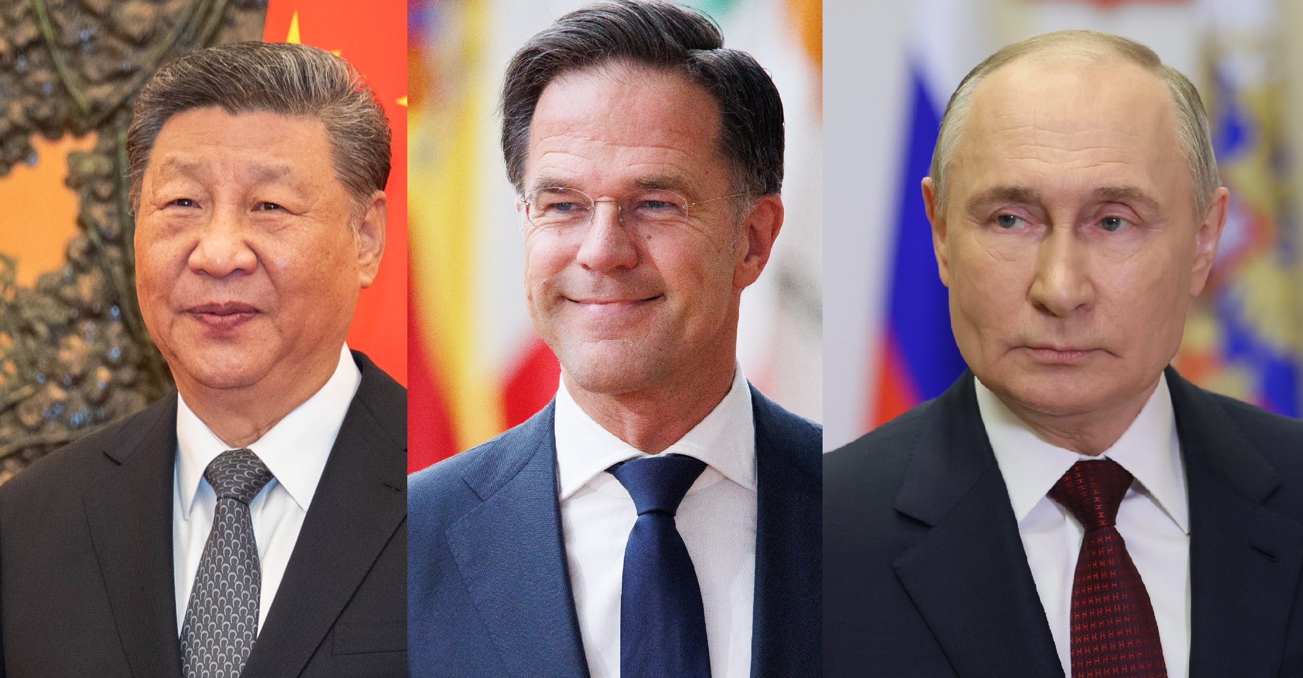 Combo de fotos de Xi Jinping, Mark Rutte y Vladimir Putin.