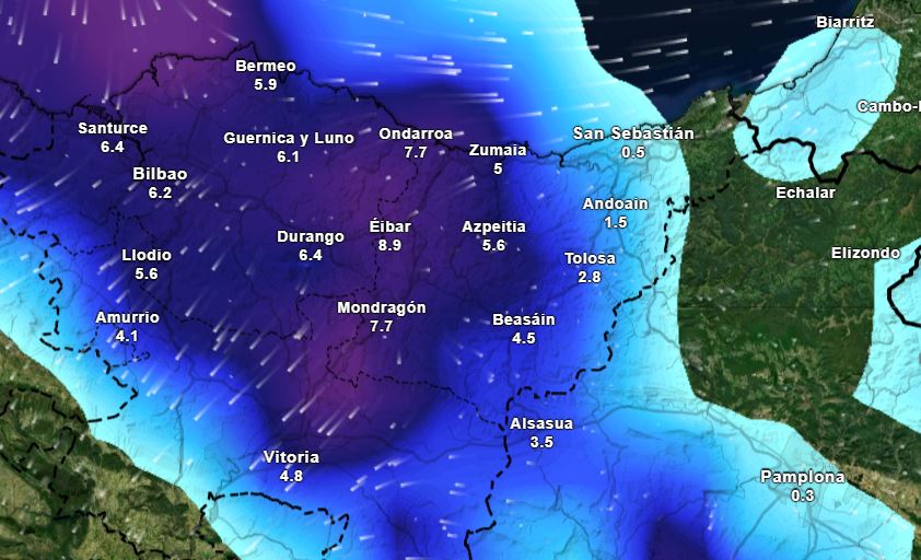 Mapa de precipitaciones acumuladas para este sábado en País Vasco.